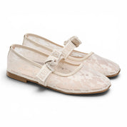 Mesh Lace Flat Shoes with Bow Strap - Beige