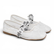 Mesh Lace Flat Shoes with Bow Strap - White