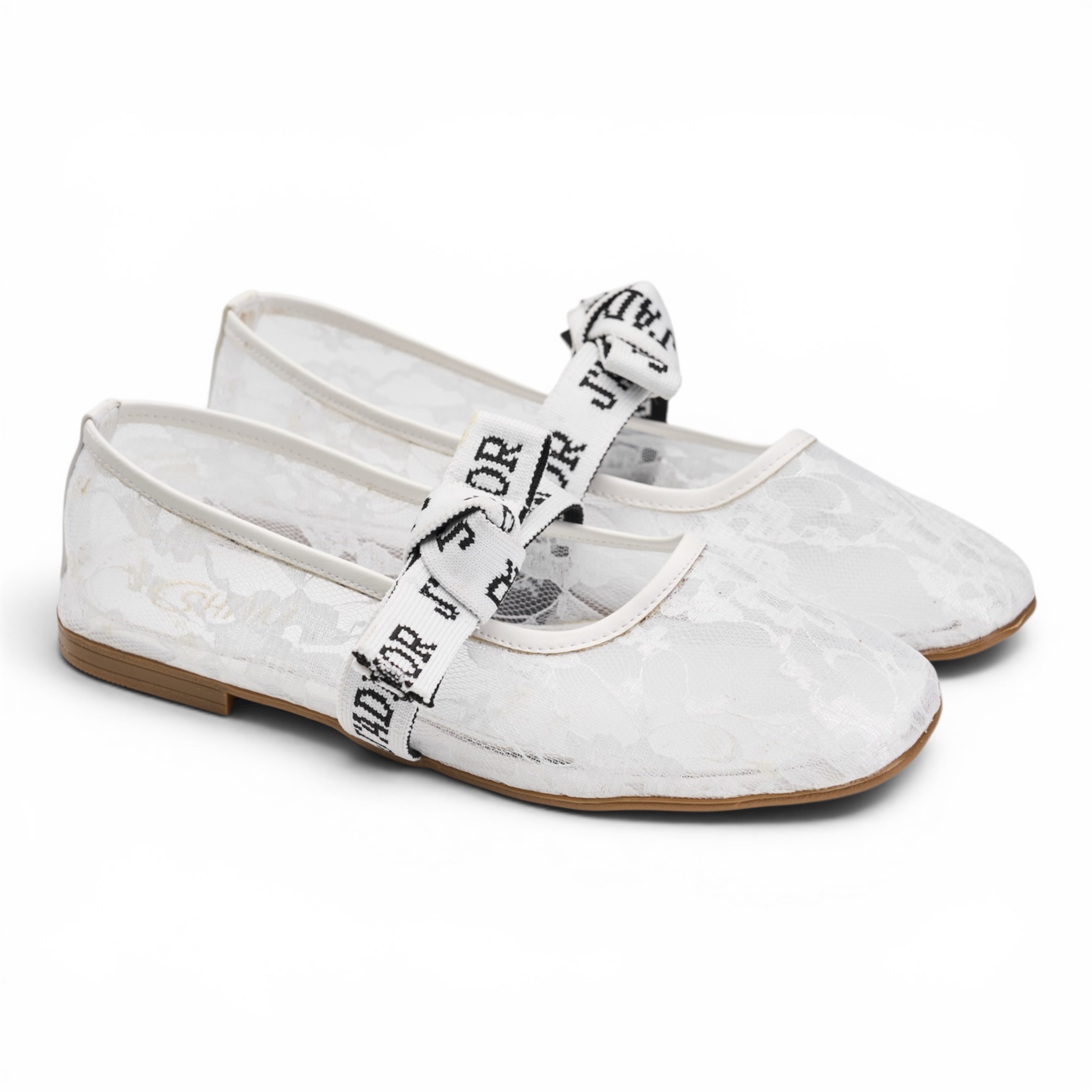 Mesh Lace Flat Shoes with Bow Strap - White