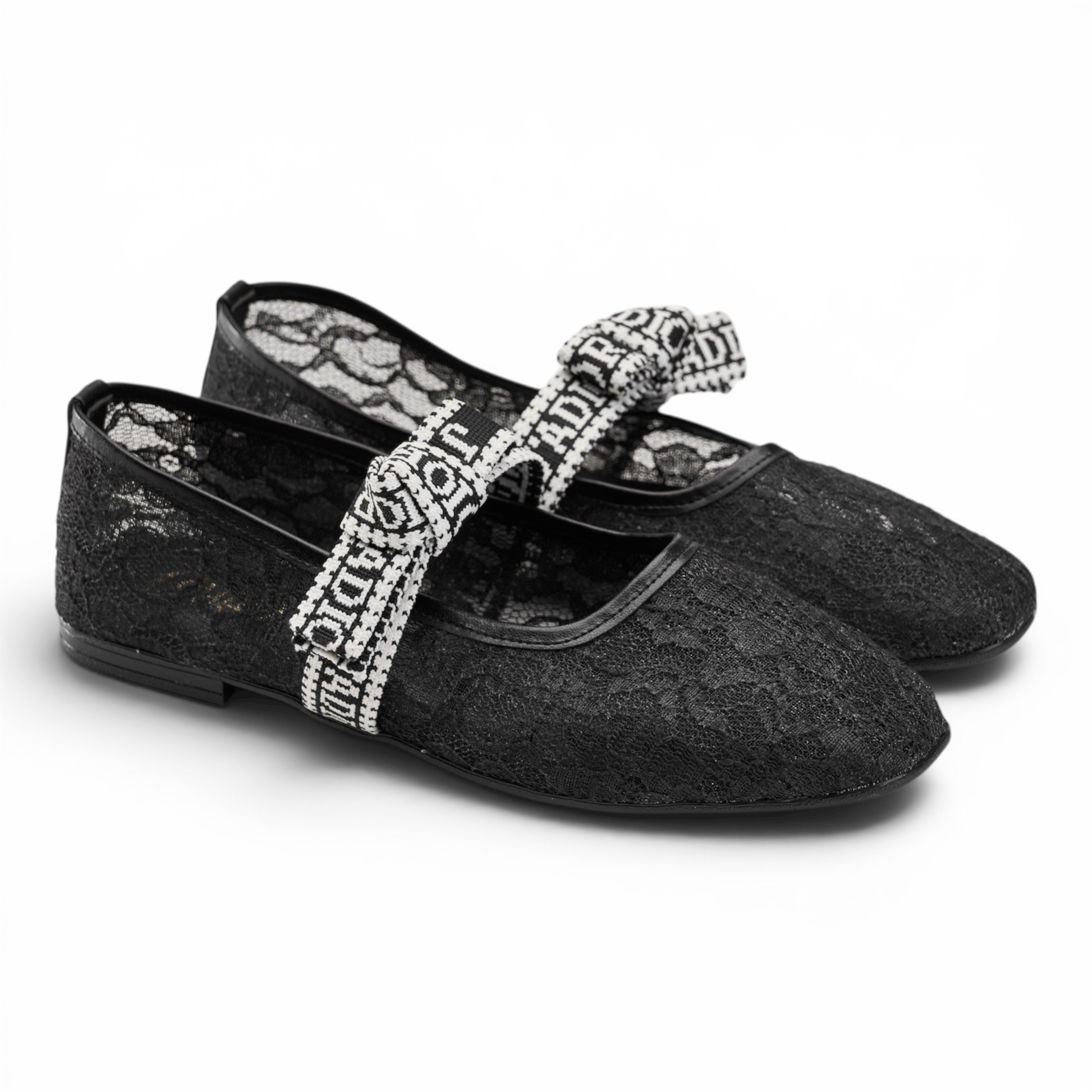 Mesh Lace Flat Shoes with Bow Strap - Black