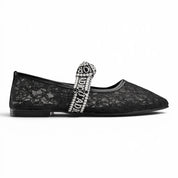 Mesh Lace Flat Shoes with Bow Strap - Black