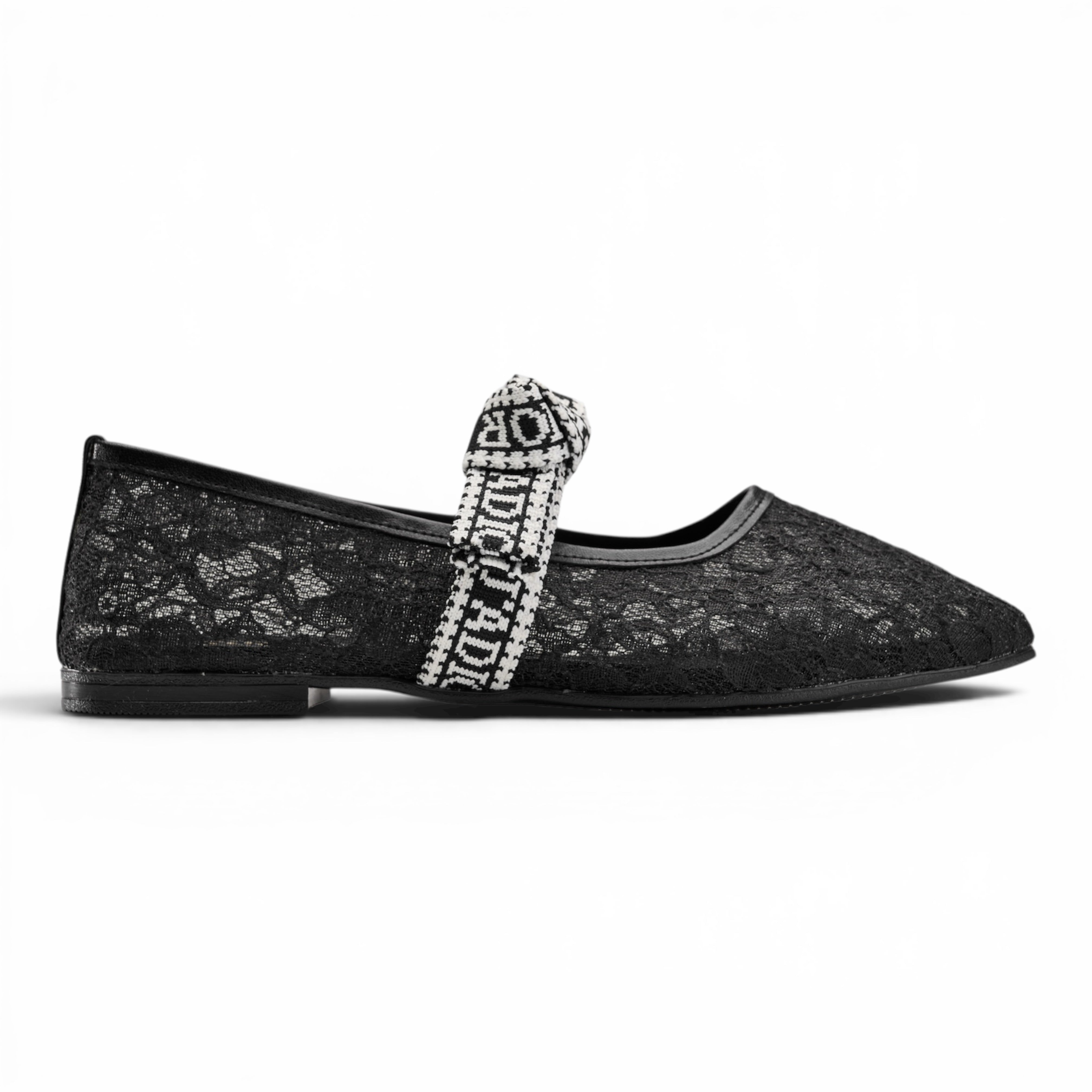 Mesh Lace Flat Shoes with Bow Strap - Black
