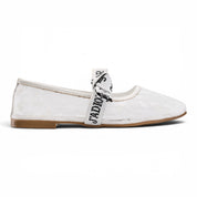 Mesh Lace Flat Shoes with Bow Strap - White