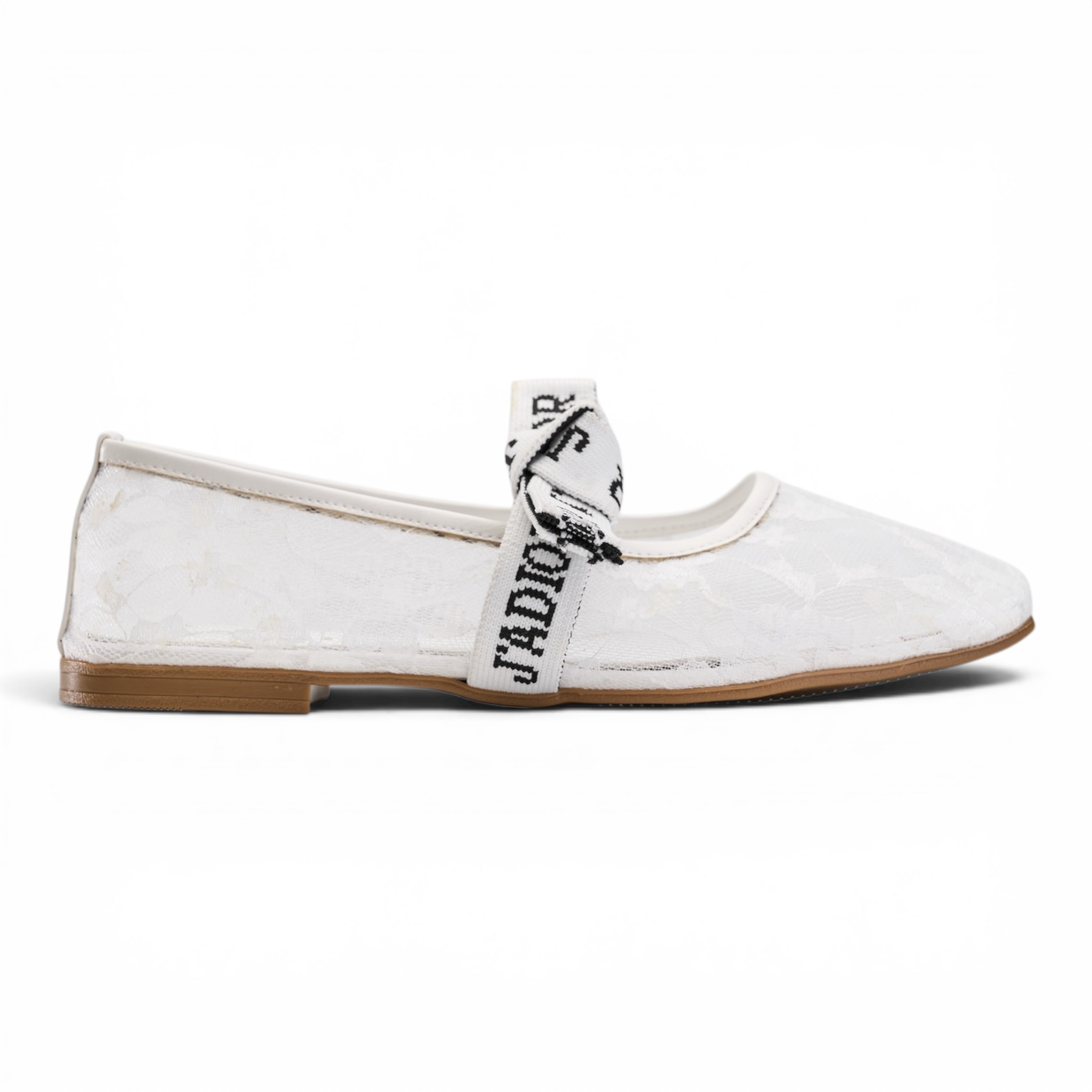Mesh Lace Flat Shoes with Bow Strap - White