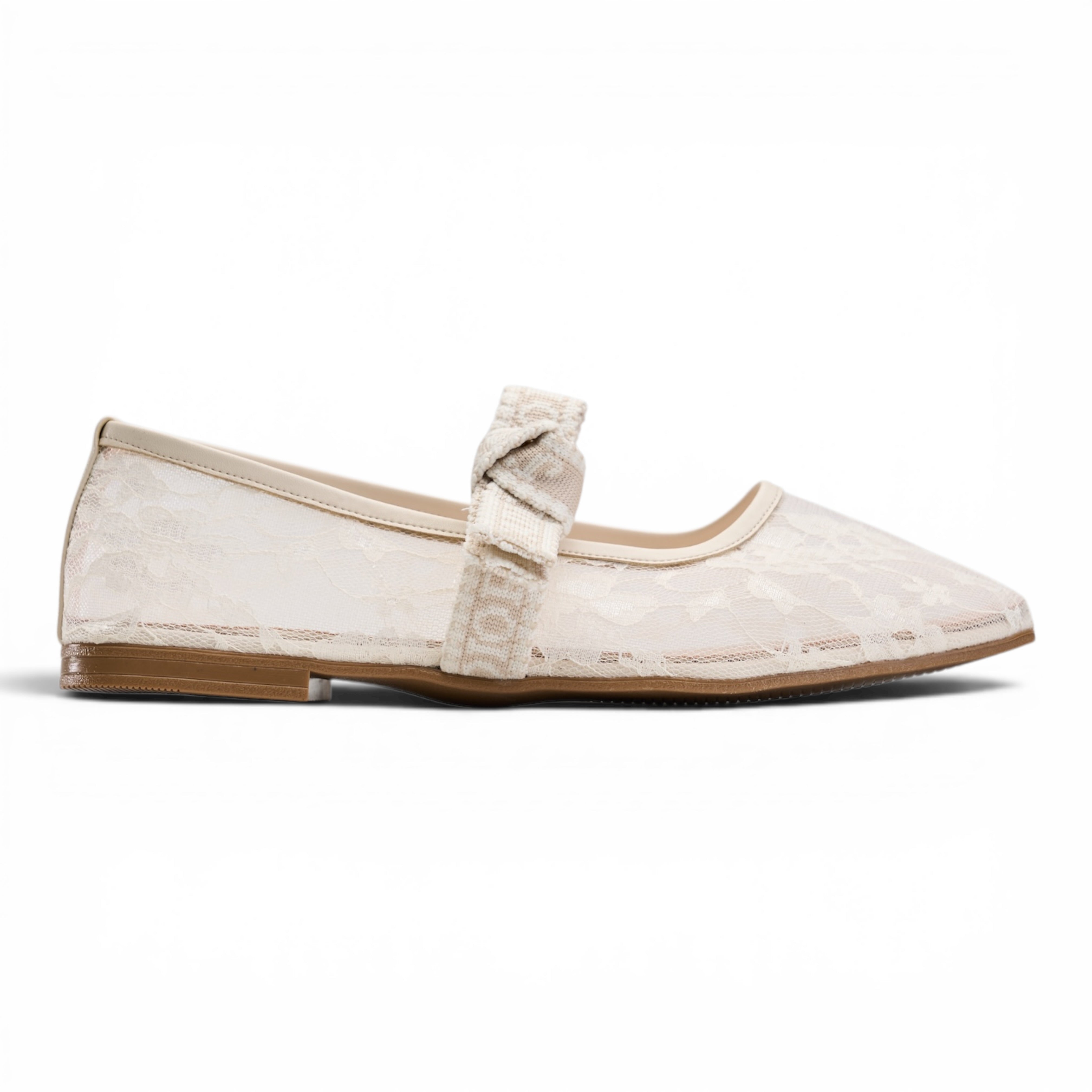 Mesh Lace Flat Shoes with Bow Strap - Beige