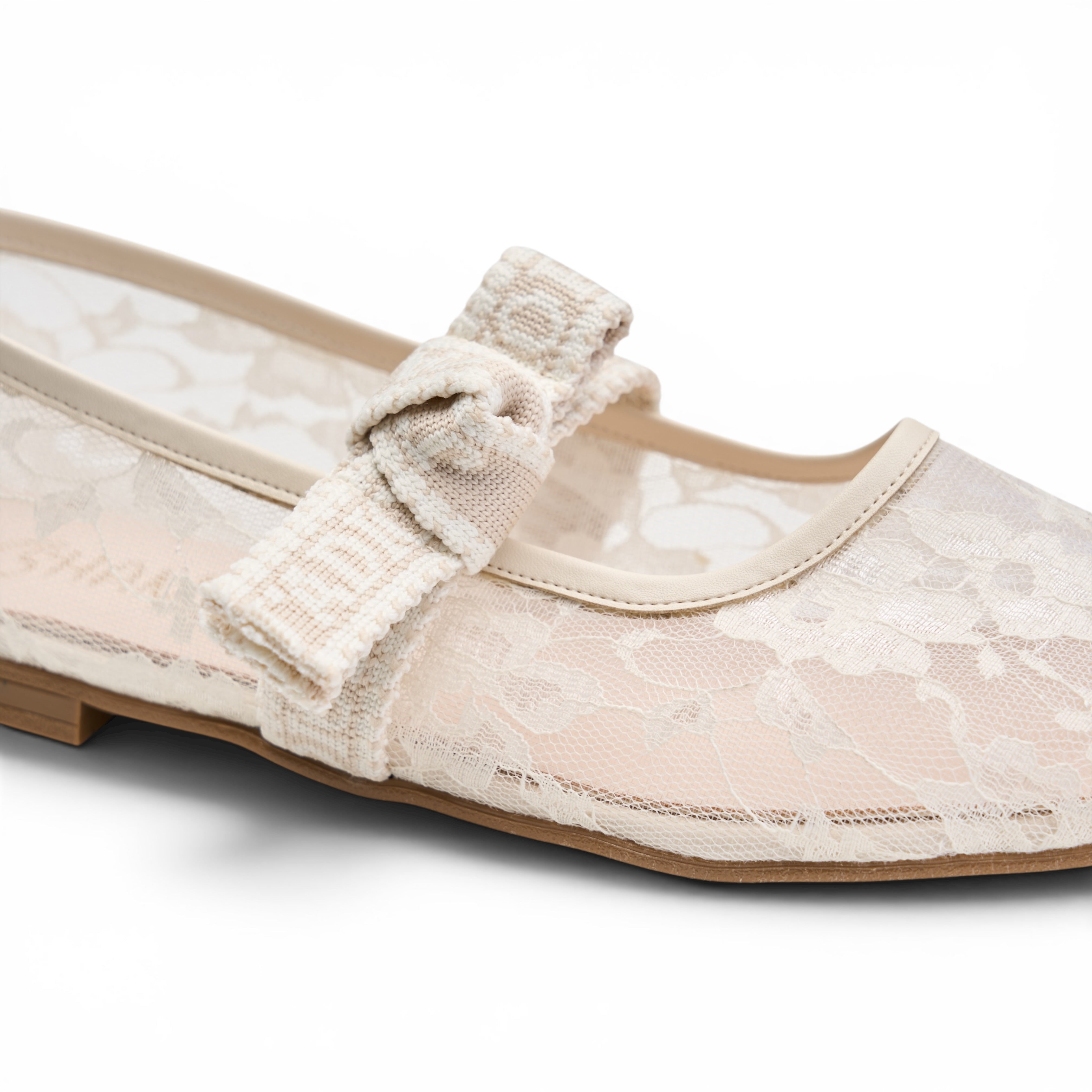 Mesh Lace Flat Shoes with Bow Strap - Beige