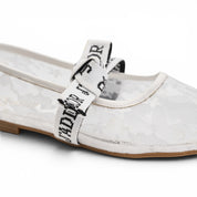 Mesh Lace Flat Shoes with Bow Strap - White
