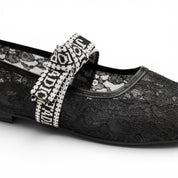 Mesh Lace Flat Shoes with Bow Strap - Black
