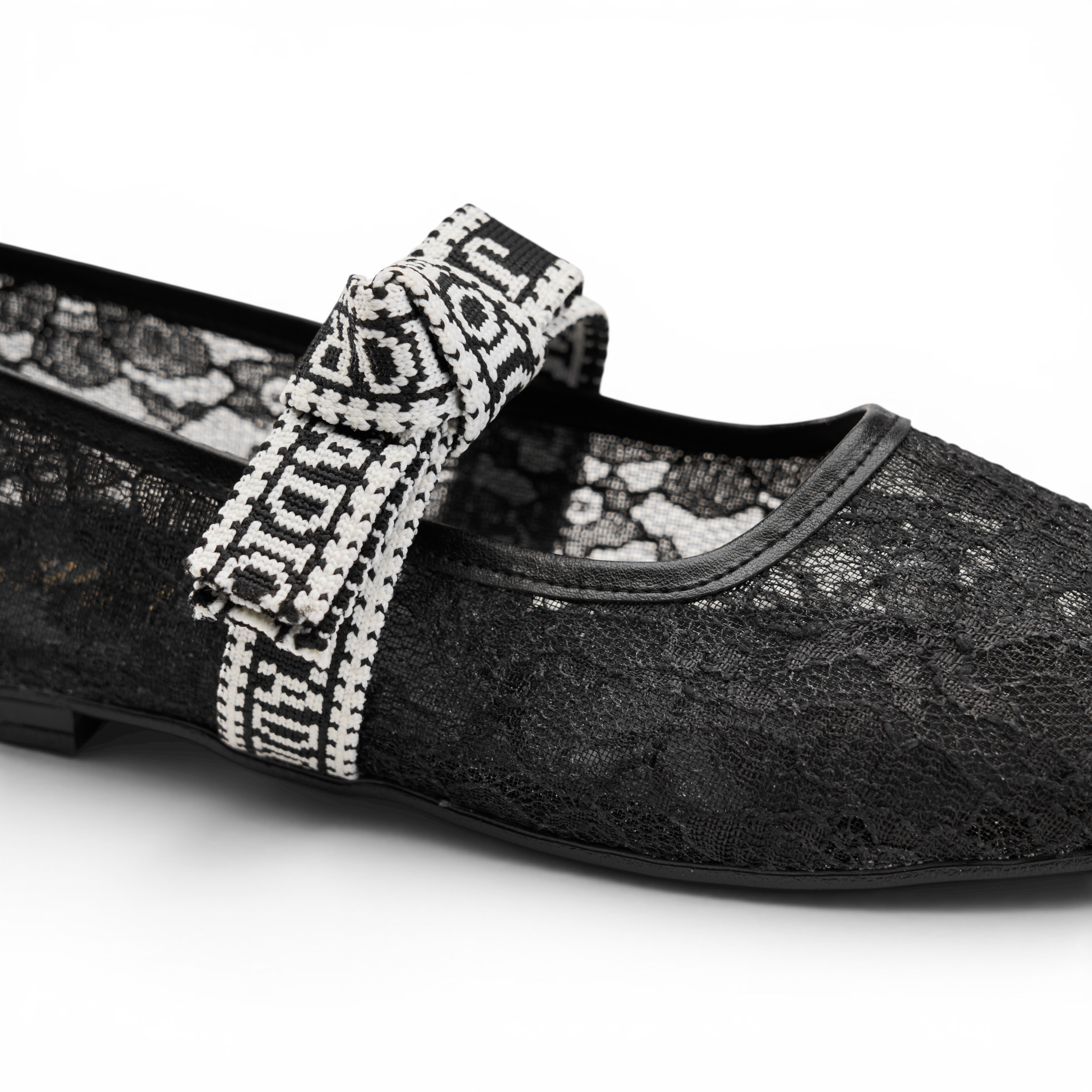Mesh Lace Flat Shoes with Bow Strap - Black