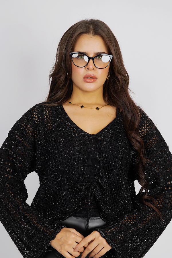 Boho-Chic Crochet Top with Drawstring Detail  - Black