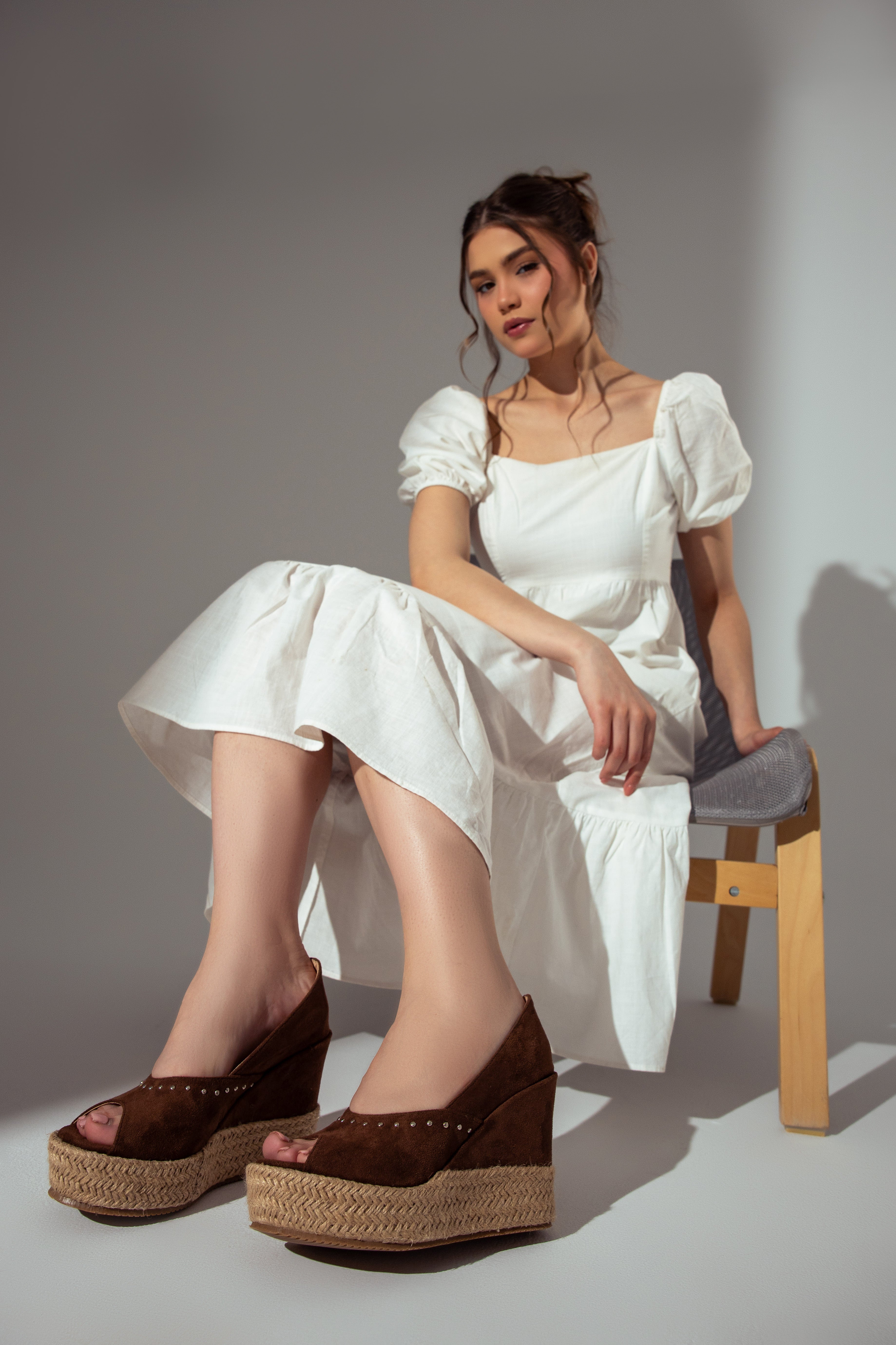 Suede Peep-Toe Platform Wedges - Brown