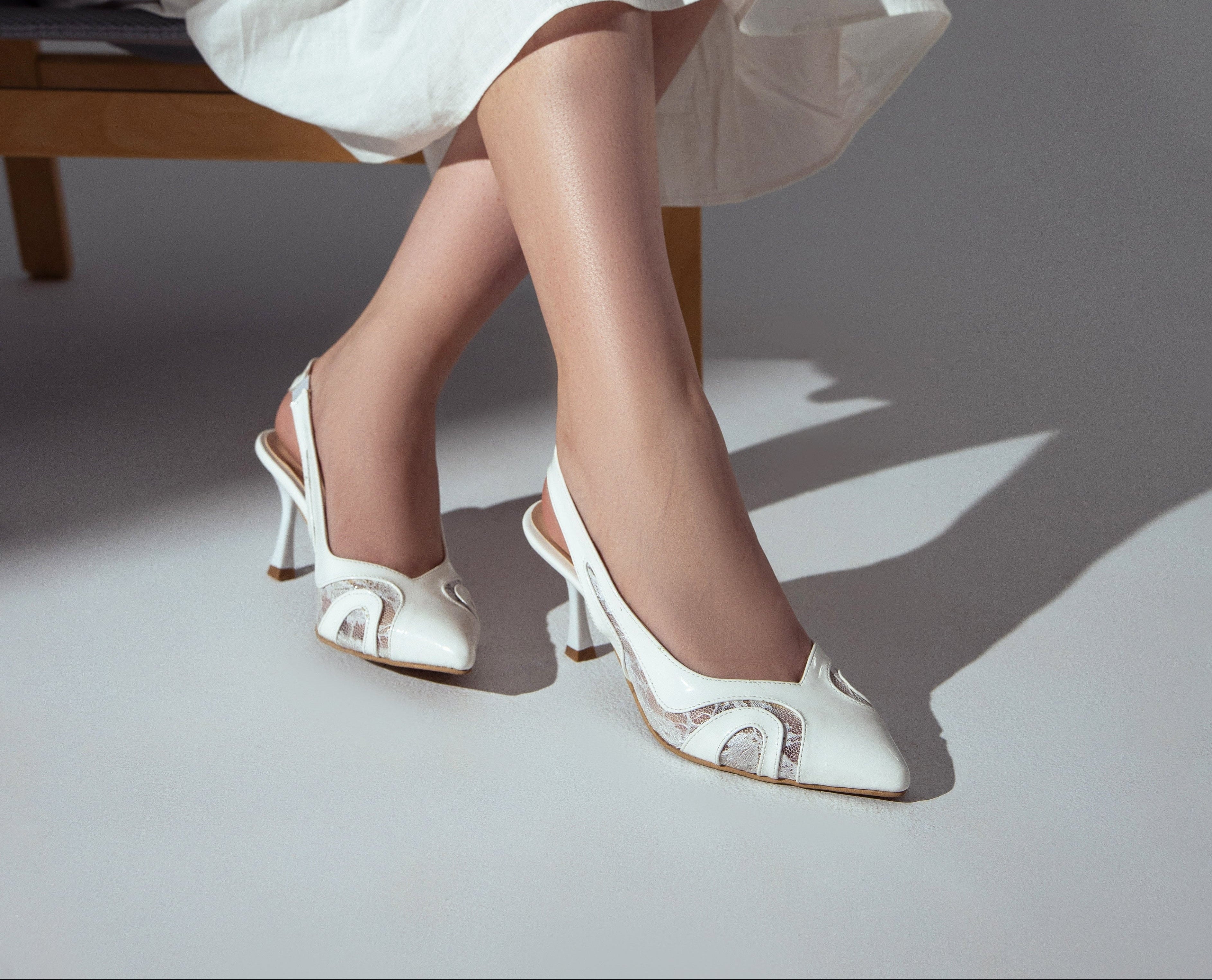 Lace Slingback Heels - White