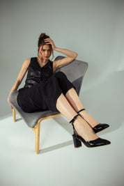 Croc-Effect Pointed Heels - Black