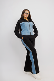 Sporty Fusion Denim Panel Tracksuit Set - Black