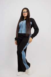 Sporty Fusion Denim Panel Tracksuit Set - Black