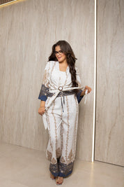 Bohemian Chic Belted Kimono & Wide-Leg Pants Set - BLUE
