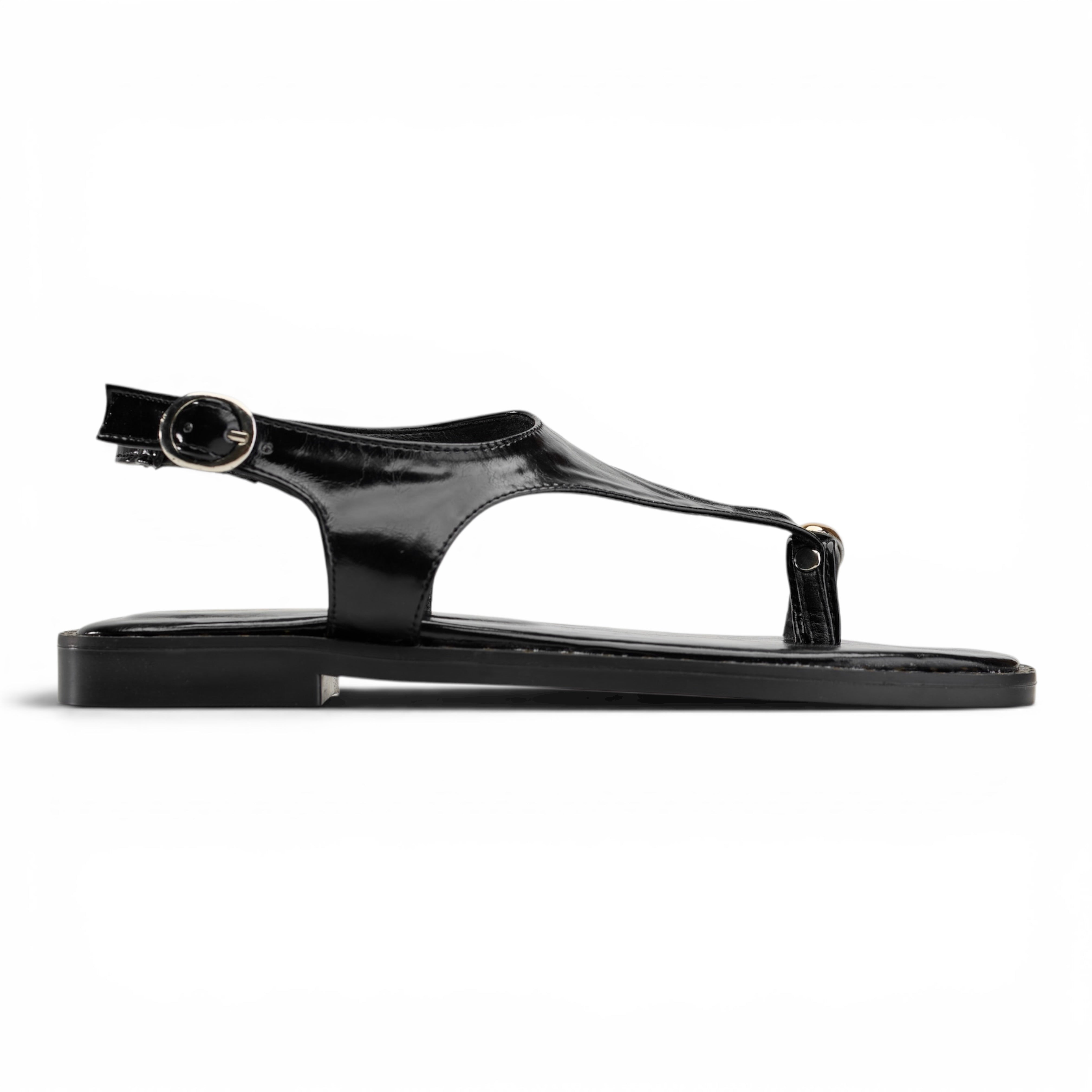 T-Strap Thong Sandals with Gold Detail - Black