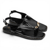 T-Strap Thong Sandals with Gold Detail - Black