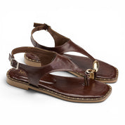 T-Strap Thong Sandals with Gold Detail - Brown