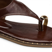 T-Strap Thong Sandals with Gold Detail - Brown
