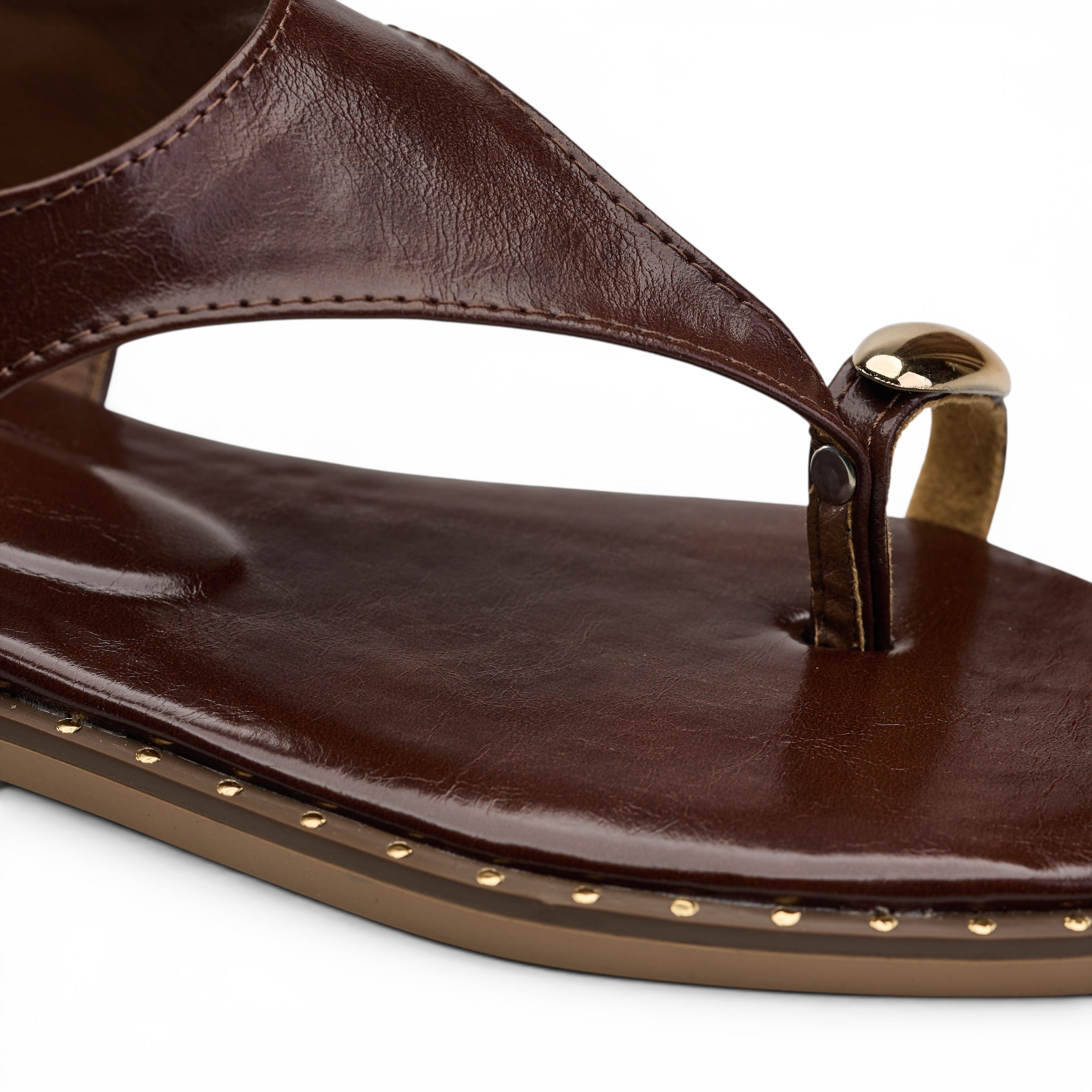 T-Strap Thong Sandals with Gold Detail - Brown