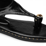 T-Strap Thong Sandals with Gold Detail - Black