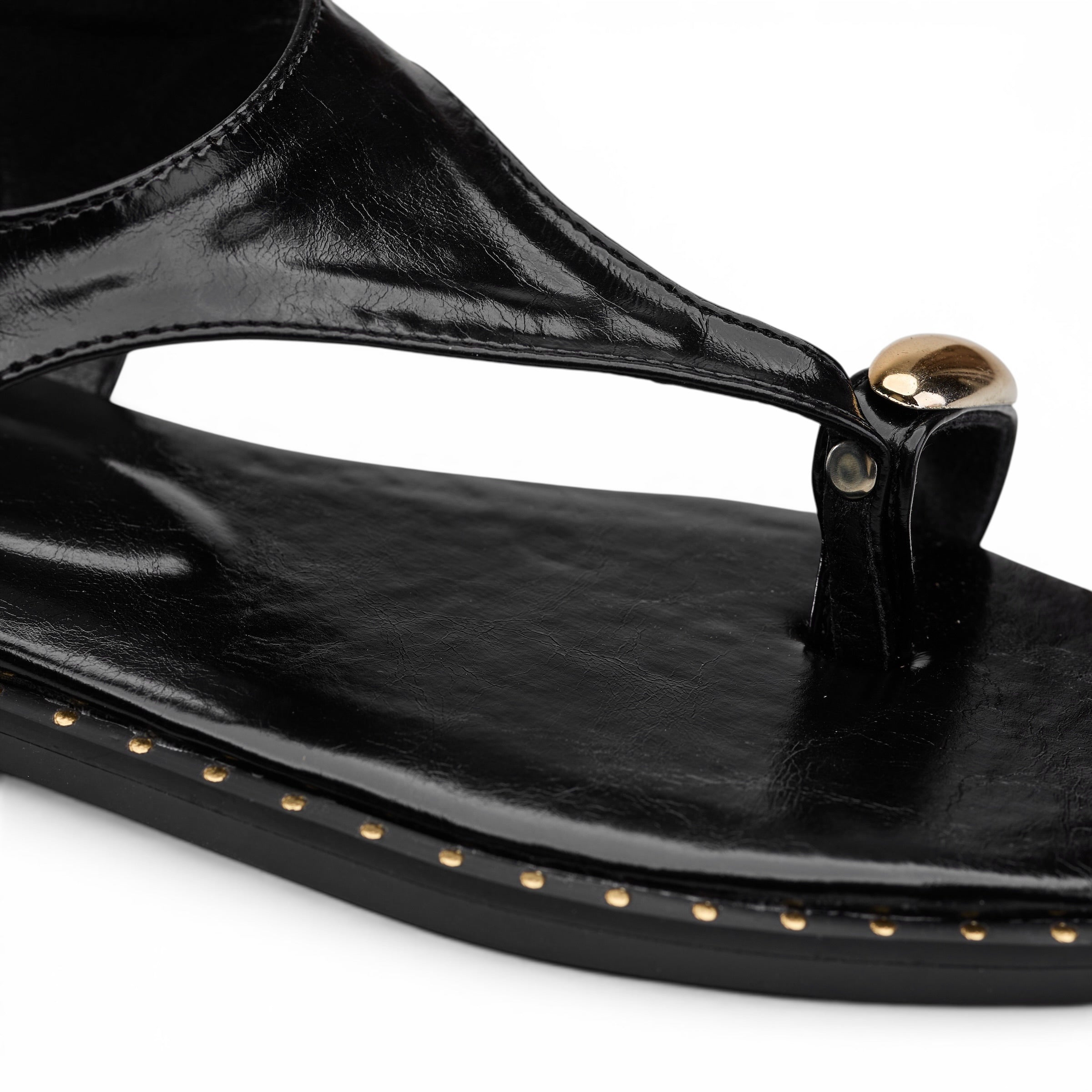 T-Strap Thong Sandals with Gold Detail - Black
