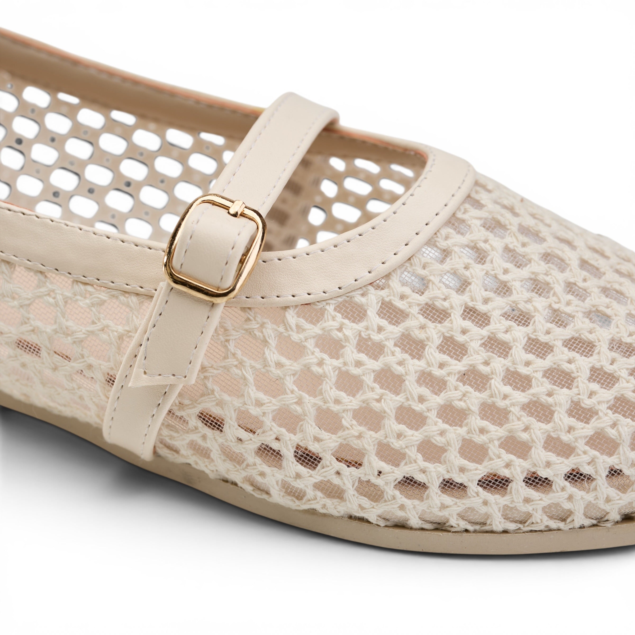 Buckled Mesh Ballerinas - Beige