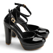 Chic High Platform Ankle Strap Heels - Black