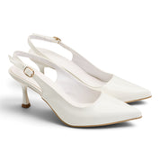 Glossy Slingback Pointed-Toe Heels - White