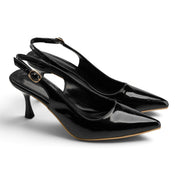 Glossy Slingback Pointed-Toe Heels - Black