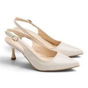 Glossy Slingback Pointed-Toe Heels - Beige