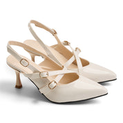 Chic Cross-Strap Slingback Mid-Heels - Beige
