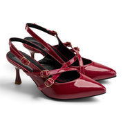 Chic Cross-Strap Slingback Mid-Heels - Maroon