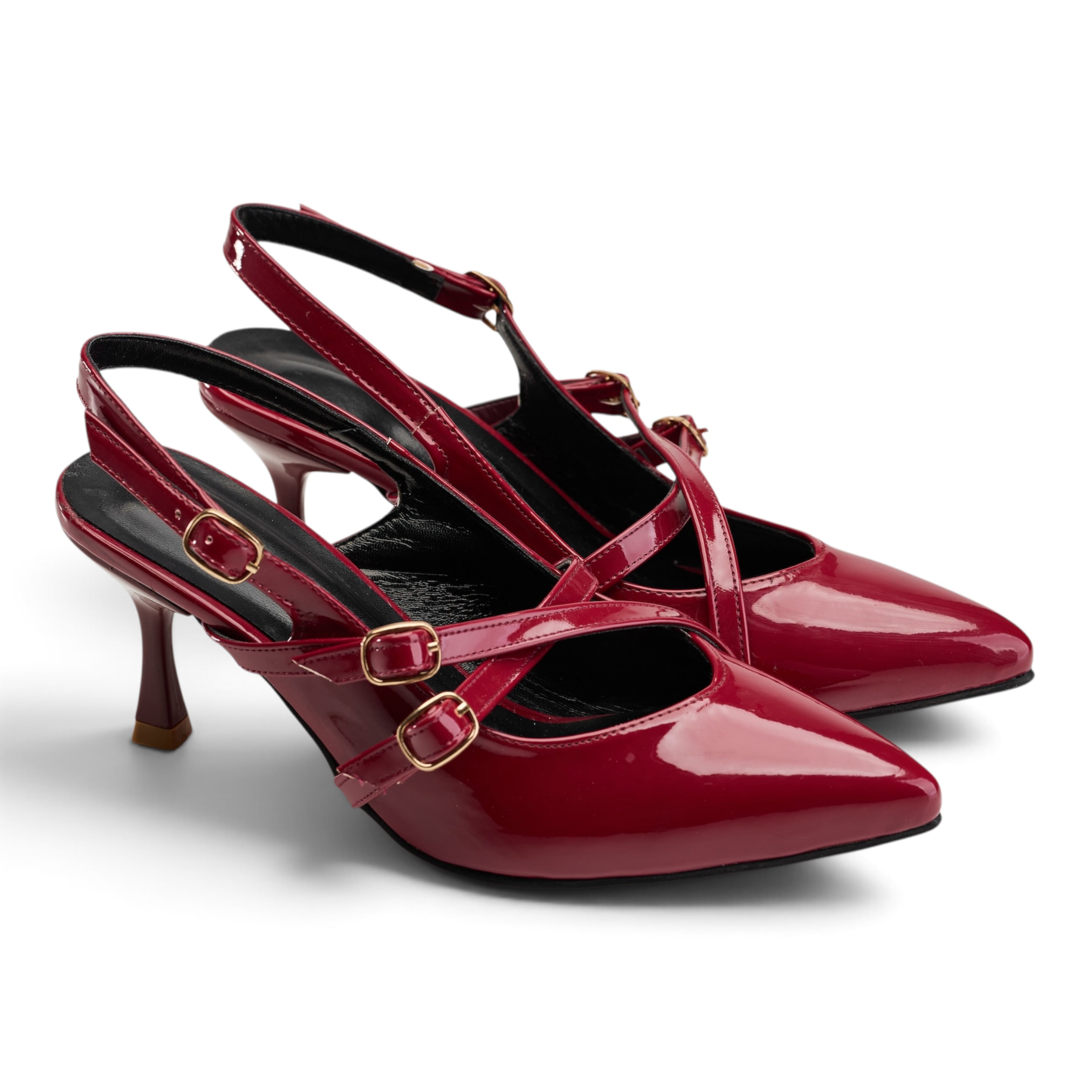 Chic Cross-Strap Slingback Mid-Heels - Maroon
