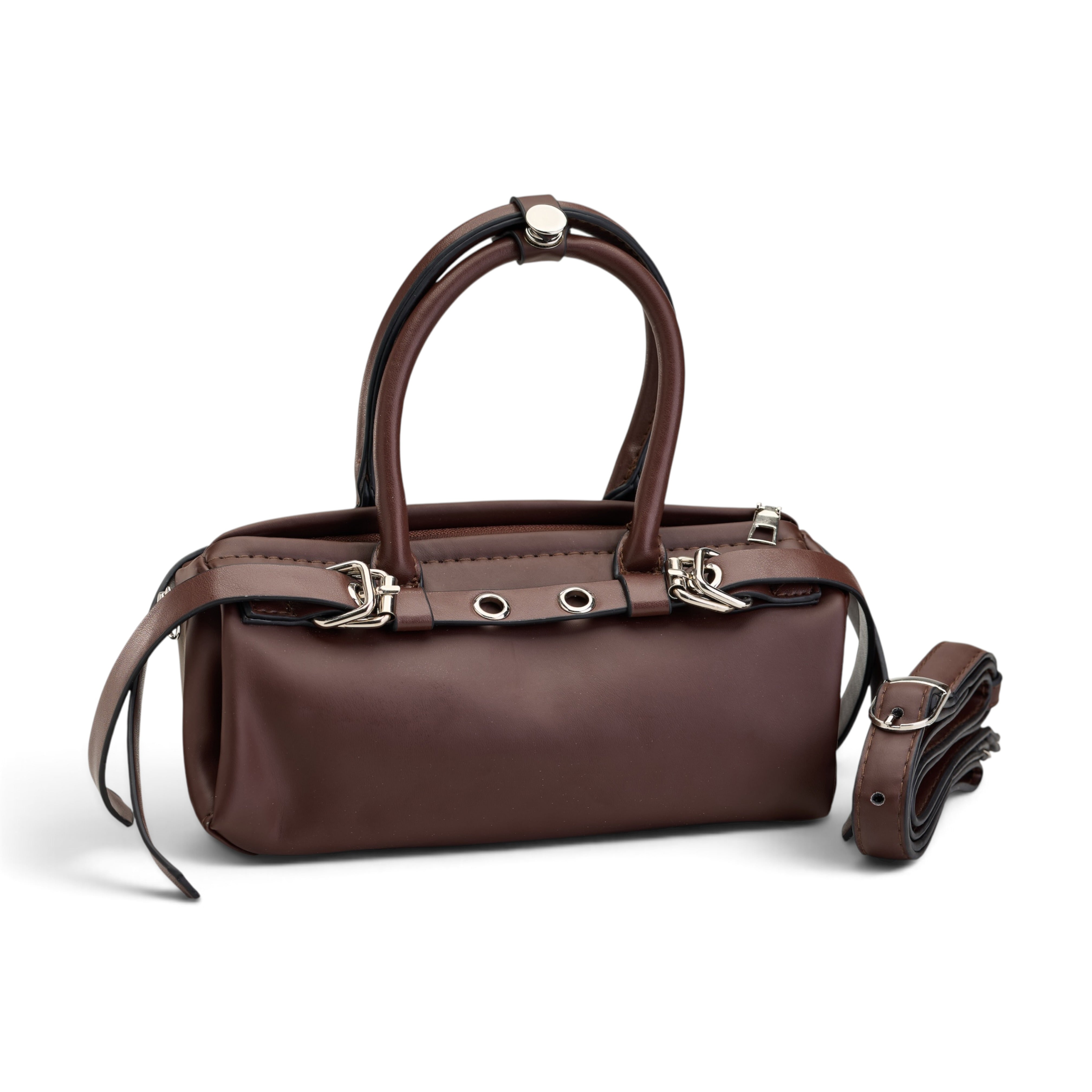 Edgy Buckle Top-Handle Bag - Brown