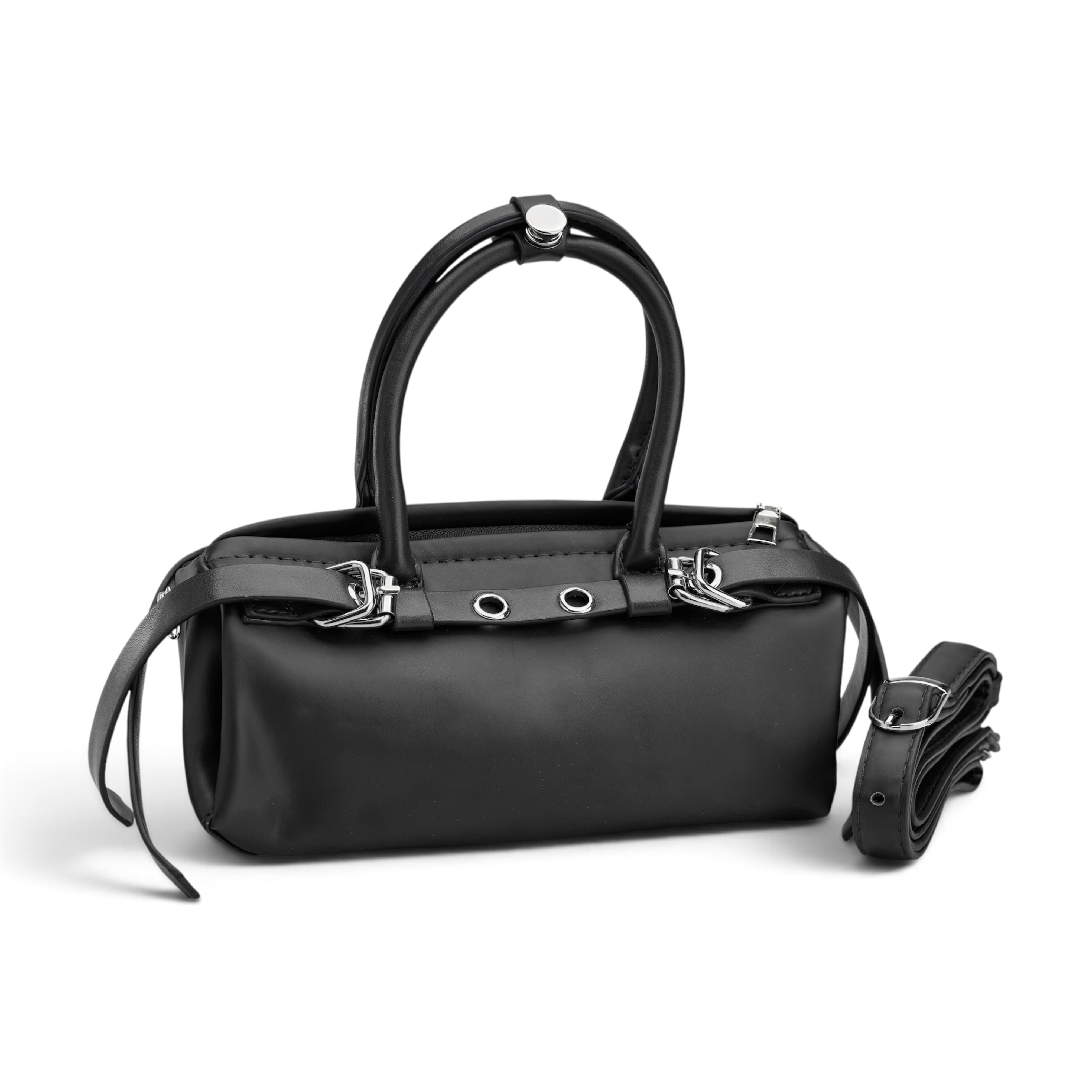Edgy Buckle Top-Handle Bag - Black
