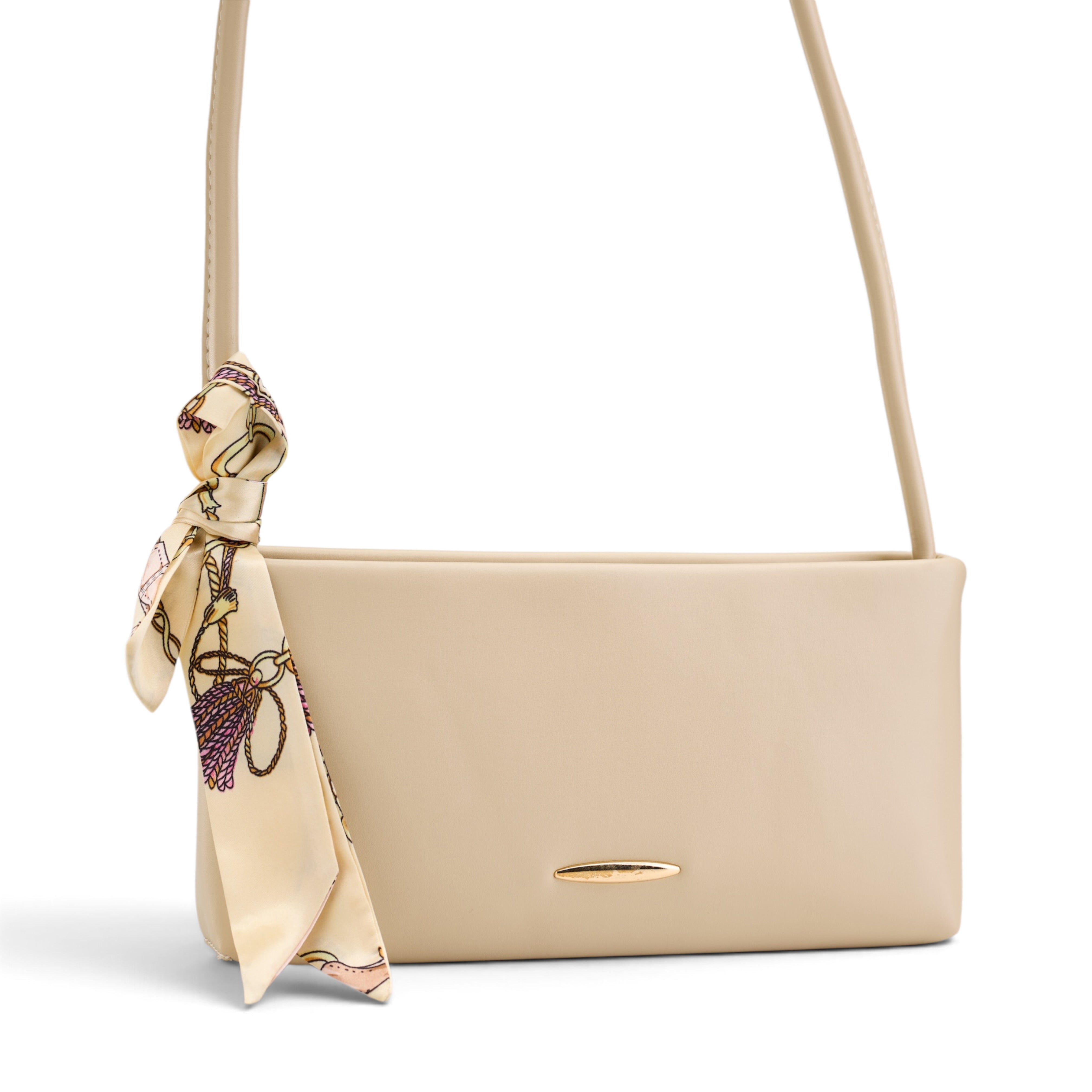 Silk-Scarf Accent Shoulder Bag - Beige