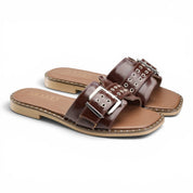 Chunky Buckle Square Toe Slides - Brown