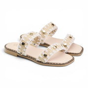 Geometric Woven Studded Slides - Beige