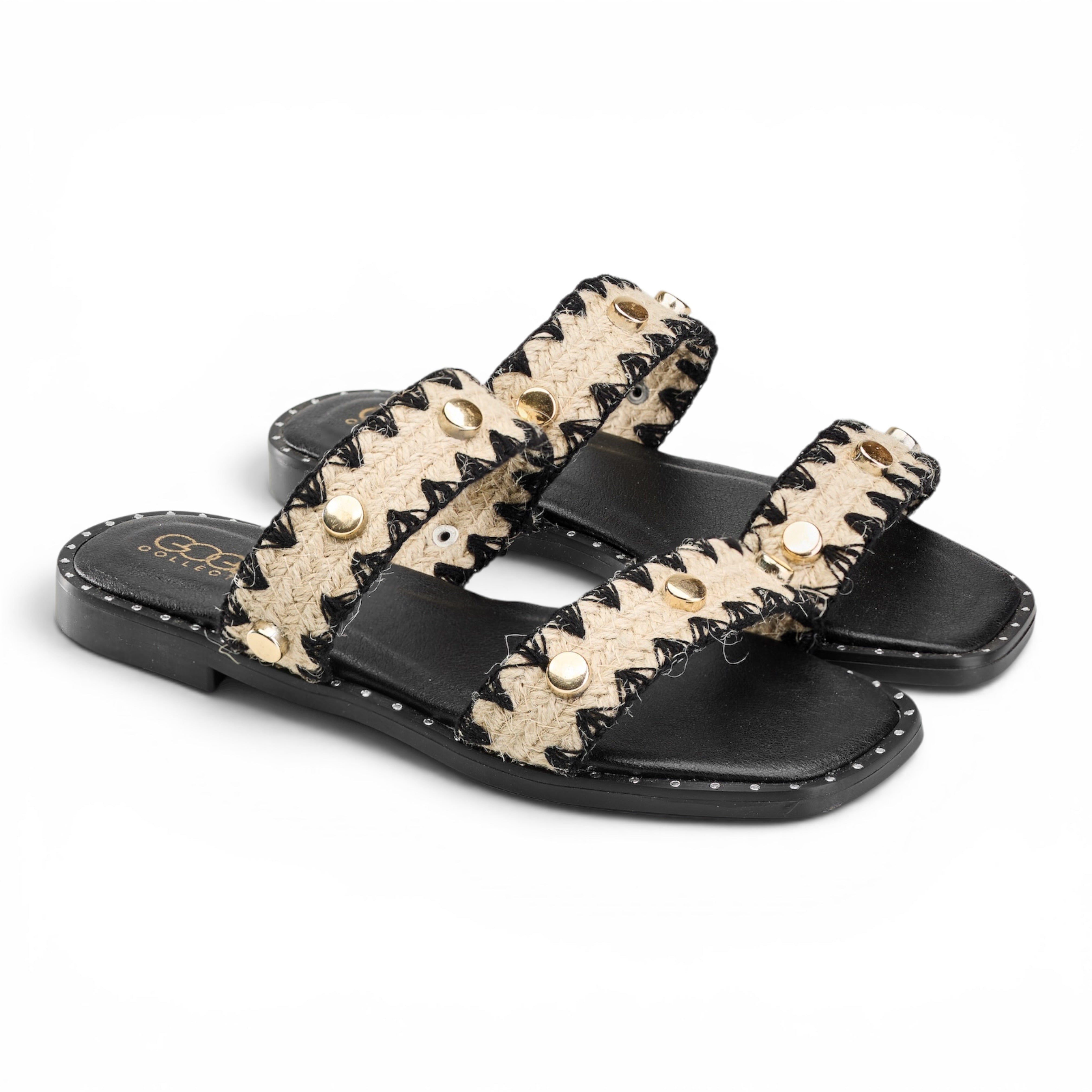 Geometric Woven Studded Slides - Black