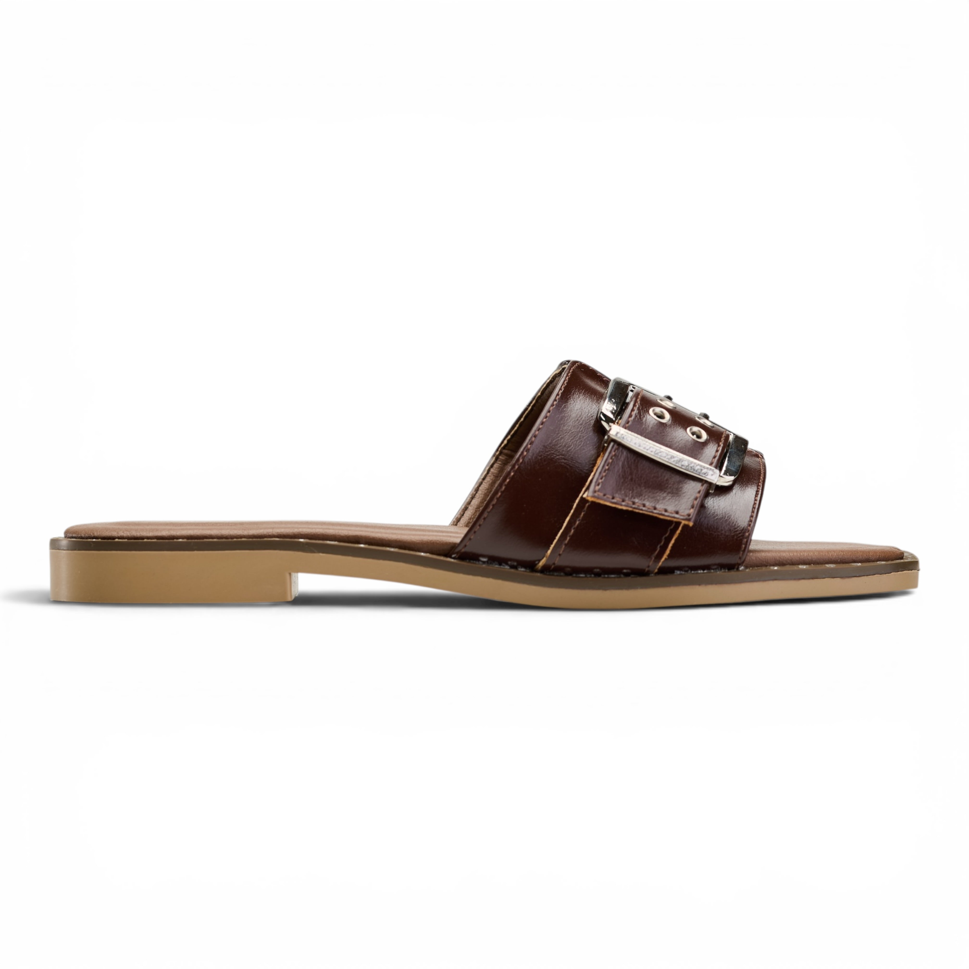 Chunky Buckle Square Toe Slides - Brown