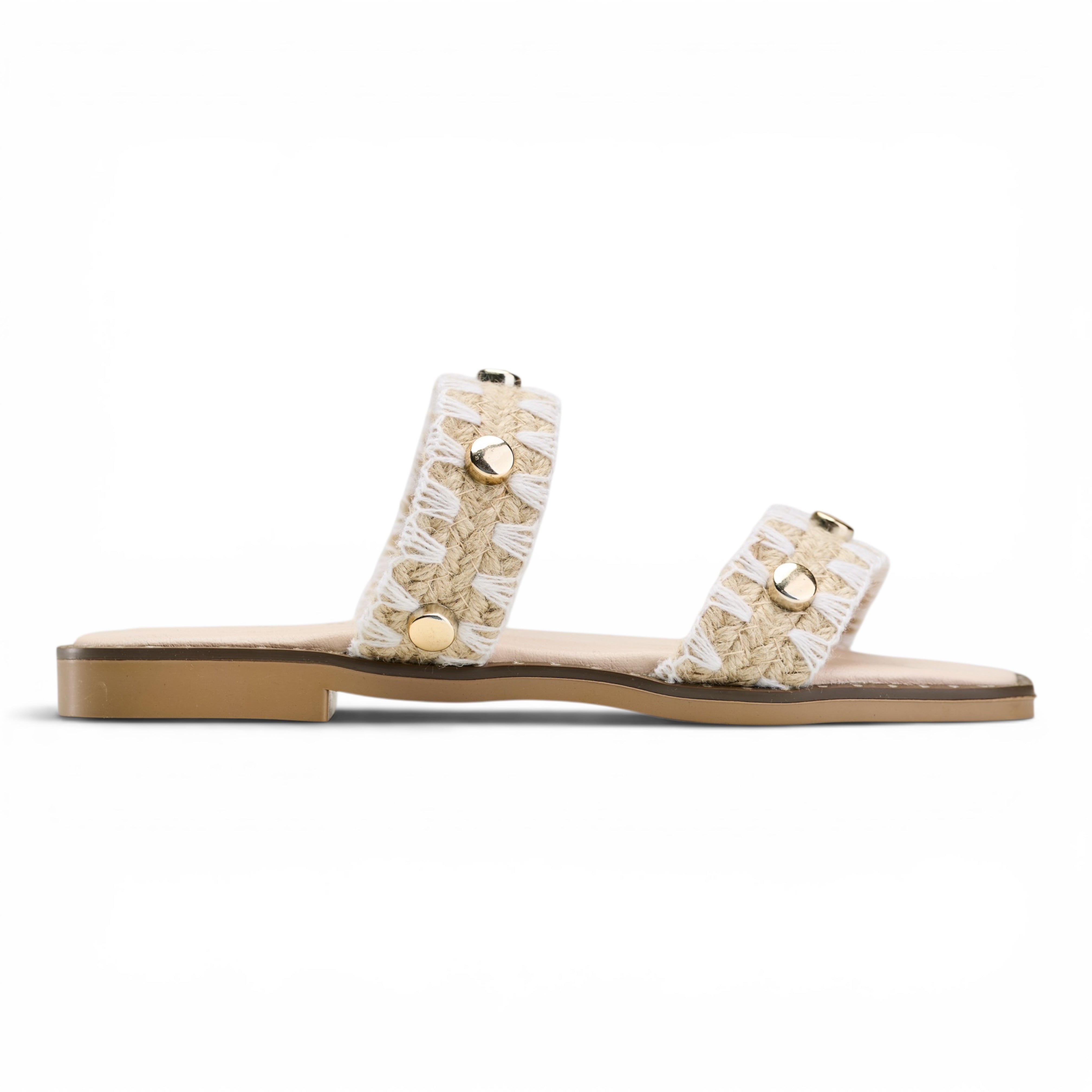 Geometric Woven Studded Slides - Beige