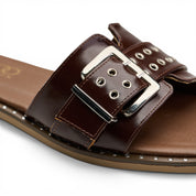 Chunky Buckle Square Toe Slides - Brown