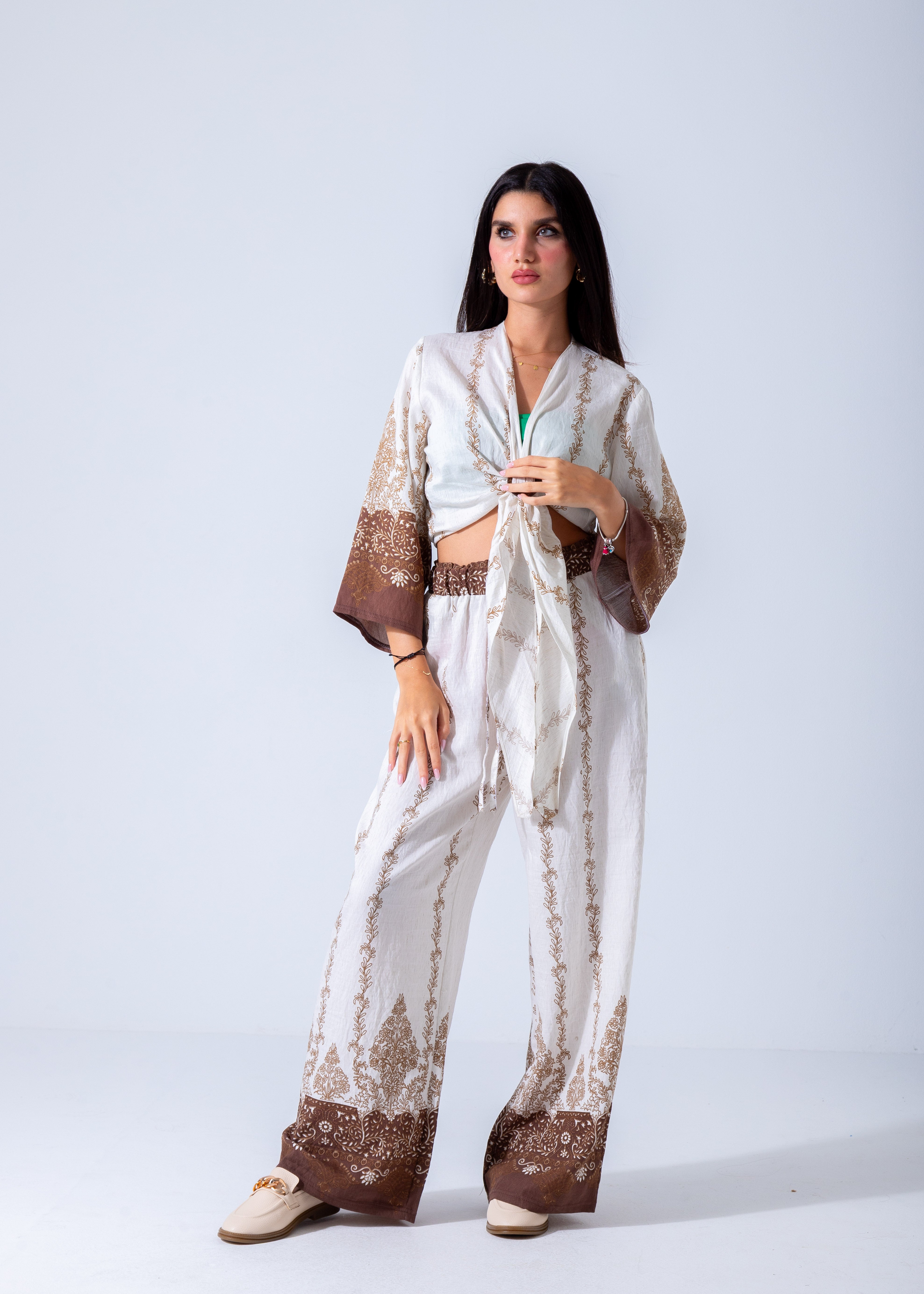 Bohemian Chic Belted Kimono & Wide-Leg Pants Set - Brown