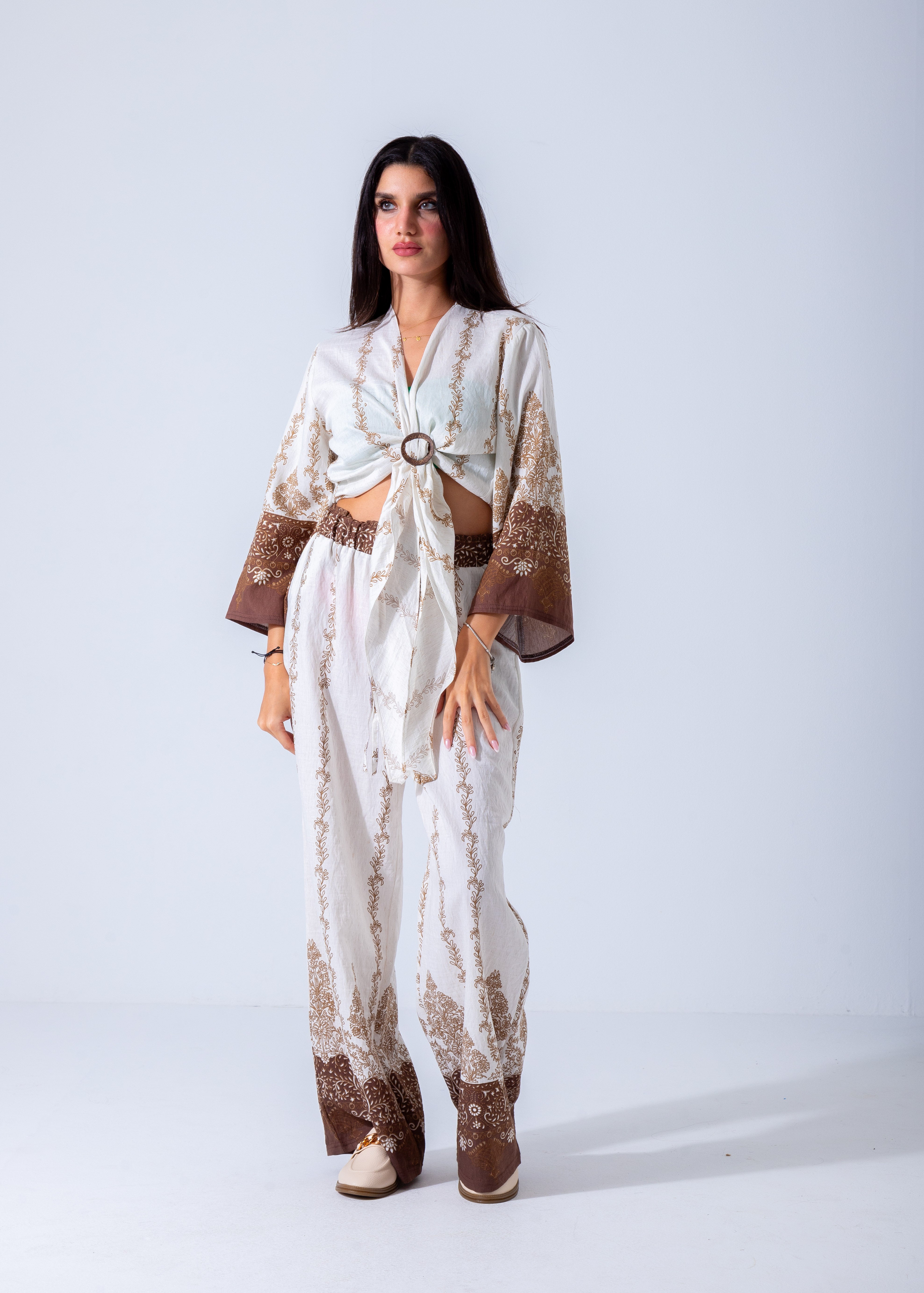 Bohemian Chic Belted Kimono & Wide-Leg Pants Set - Brown
