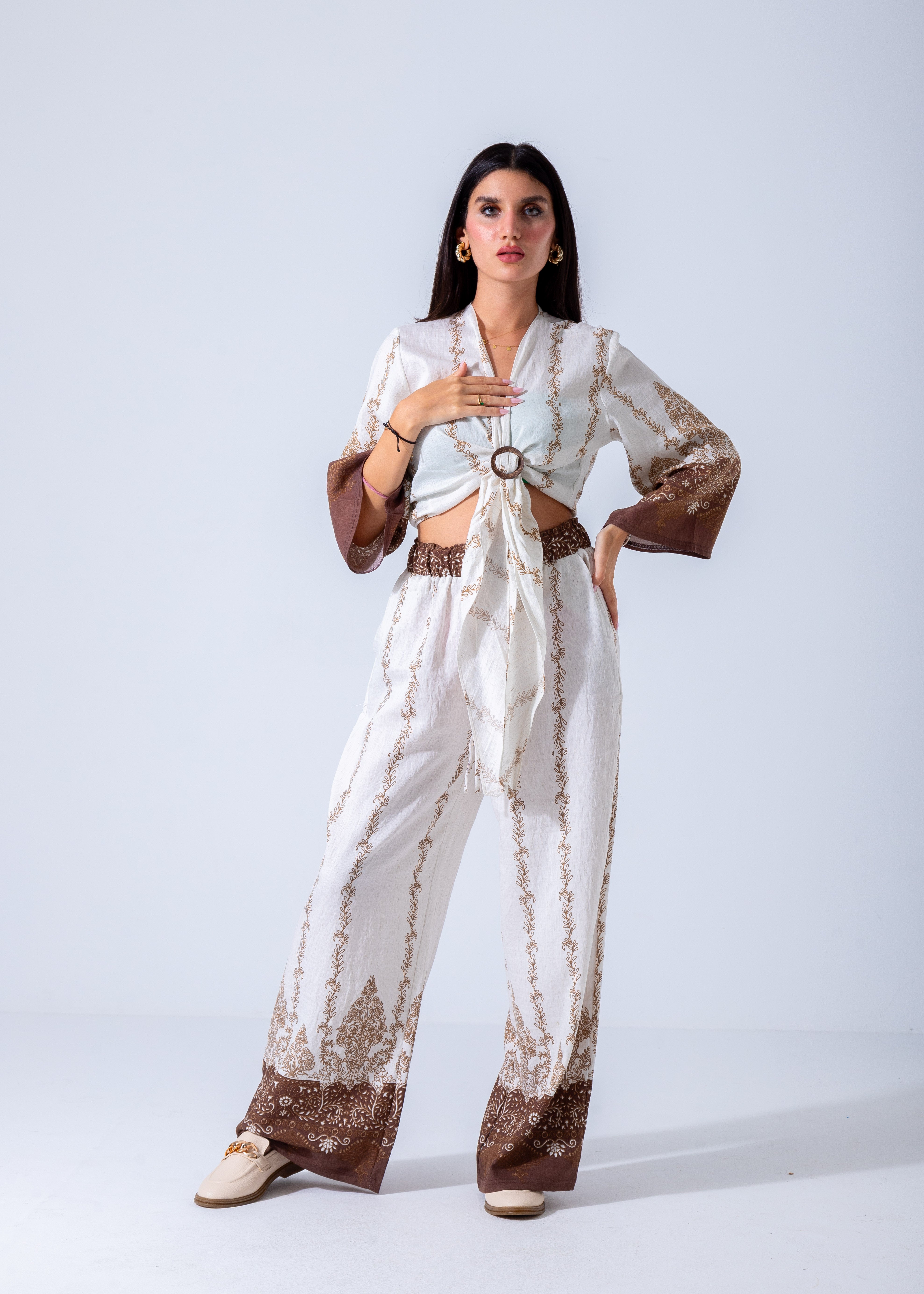 Bohemian Chic Belted Kimono & Wide-Leg Pants Set - Brown