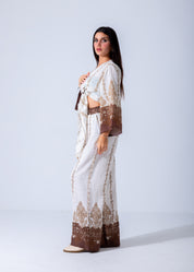 Bohemian Chic Belted Kimono & Wide-Leg Pants Set - Brown