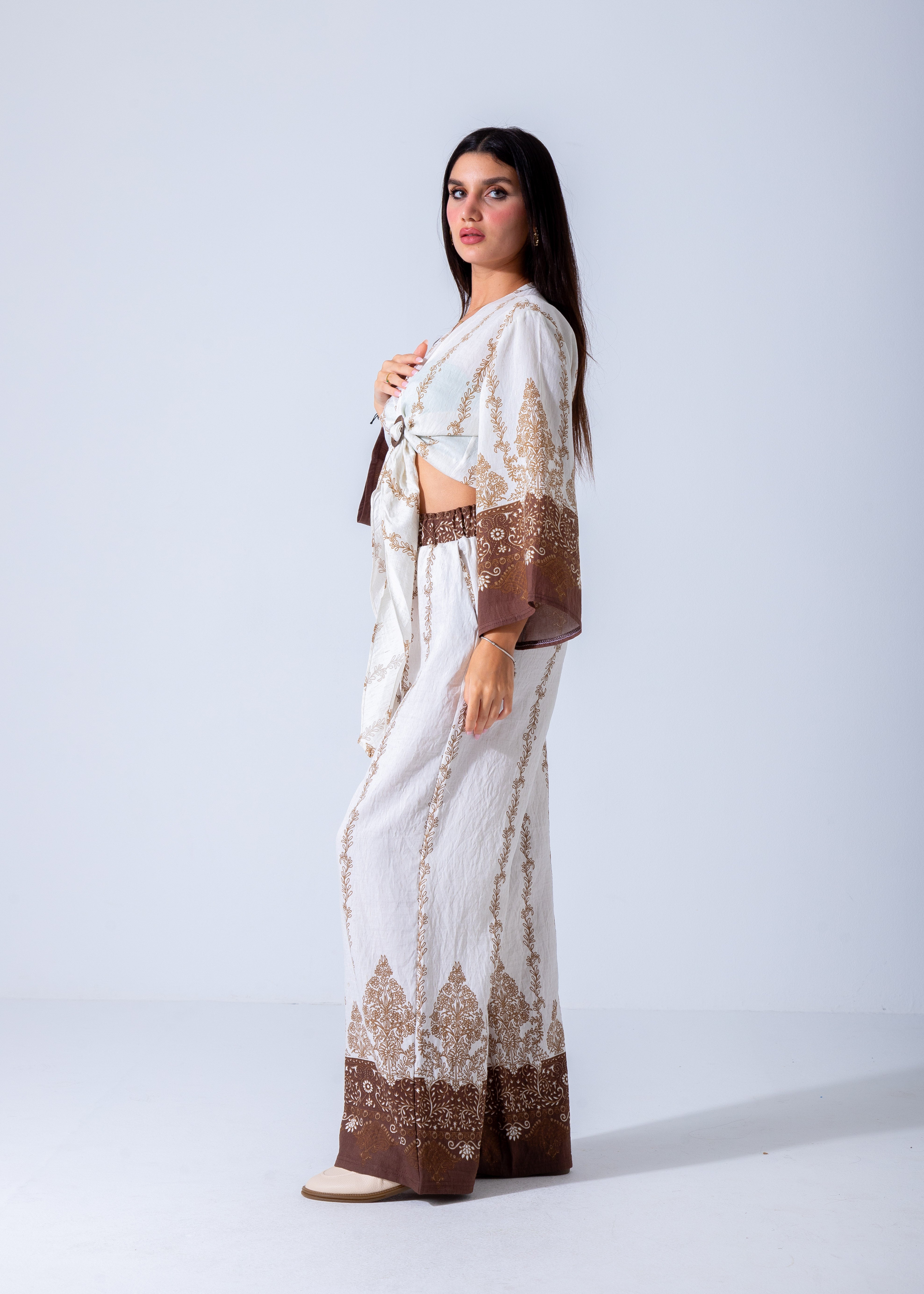 Bohemian Chic Belted Kimono & Wide-Leg Pants Set - Brown