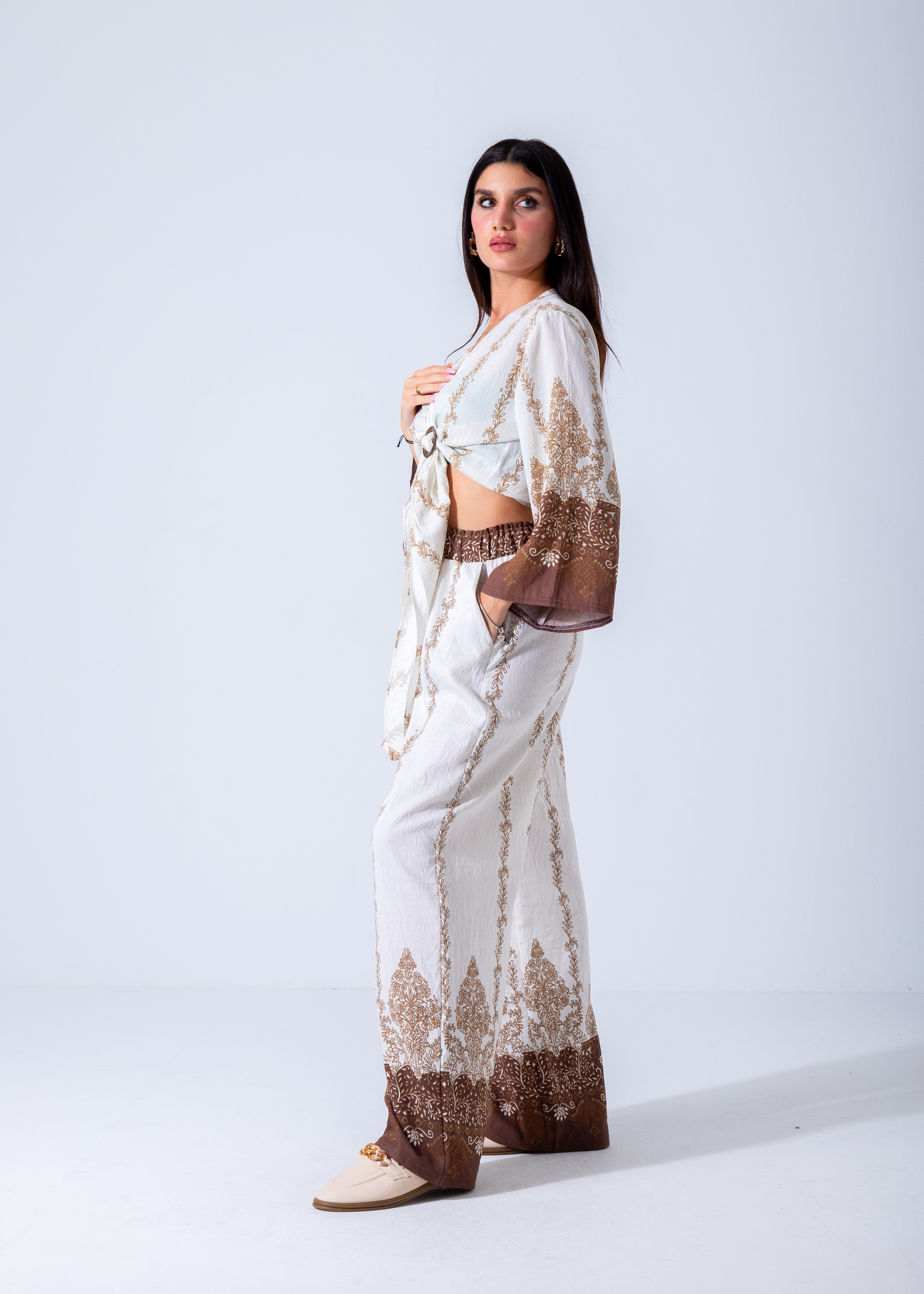 Bohemian Chic Belted Kimono & Wide-Leg Pants Set - Brown